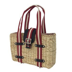 Woven Seagrass Lined Shoulder Tote Handbag Red & White Straps Magnetic Clasp